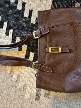 Brown Leather Tote with Gold Buckle Hardware